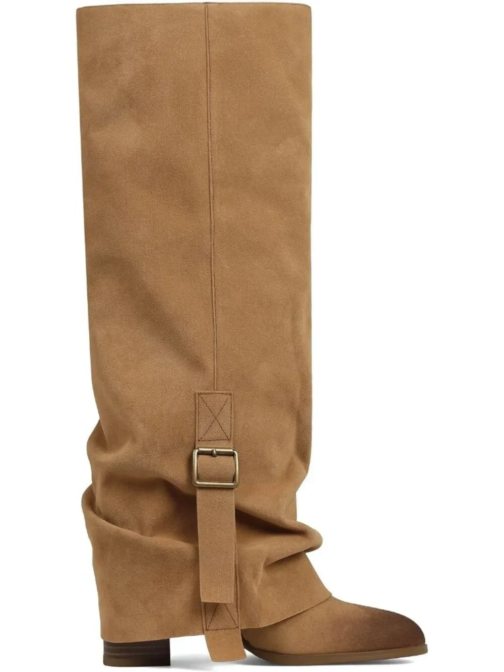 Women's Brown Suede Round Toe Chunky Heel Faux Leather Slouch Knee High Boots